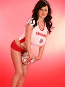 Rachel Aldana with her world cup football boobs or world cup soccer tits in an England football t-shirt at PinUpFiles.com