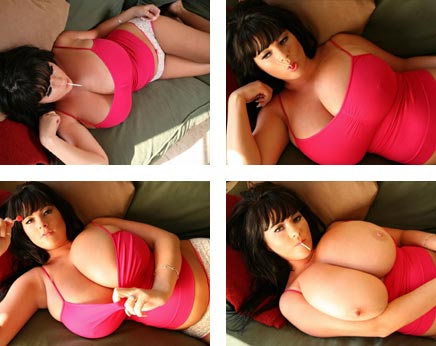 Rachel Aldana sucks a lollipop in big boobs downblouse shots of massive breasts from RachelAldana.com
