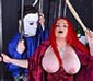 Mistress Jemstone beating up halloween wildman Michael Myers in tits big boobs busty BDSM photos from MistressJemstone.com